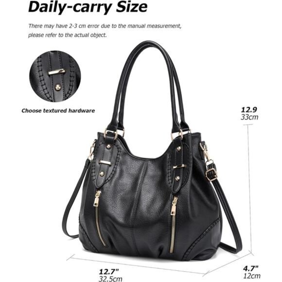 Retro Leather Tote Handbags for Women, Black - Picture 2 of 6